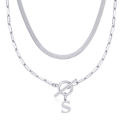 2-Piece Paperclip Initial Toggle Clasp & Herringbone Necklace Set