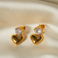 18K Dainty Diamond Heart Dangle Earrings