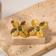 18K Green Stone Floral Stud Earrings