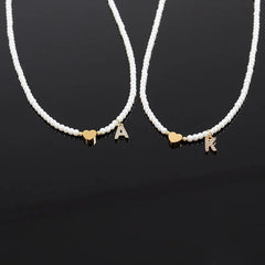 Dainty Beaded Heart Initial Necklace - Veinci