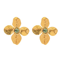 18K Green Stone Floral Stud Earrings