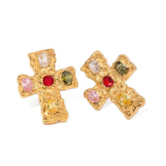 18K Textured Oval Diamond Cross Earrings