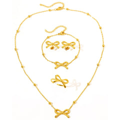 Feminine Bow Satellite Chain Necklace, Bracelet, Earrings, and Ring Set