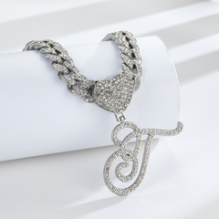 Cursive Diamond Accented Initial Cuban Heart Necklace