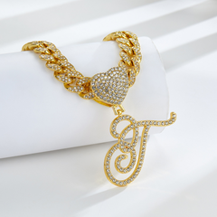 Cursive Diamond Accented Initial Cuban Heart Necklace