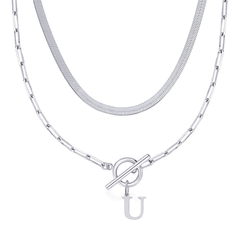 2-Piece Paperclip Initial Toggle Clasp & Herringbone Necklace Set
