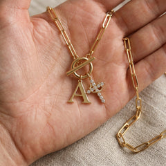 Paperclip Initial & Cross Toggle Clasp Necklace