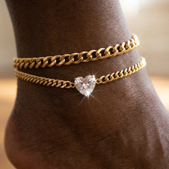 2-Piece Cuban Heart Accented Anklet Set