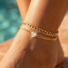 2-Piece Cuban Heart Accented Anklet Set