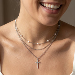 2-Piece Dainty Layered Pearl & Cross Necklace Stack