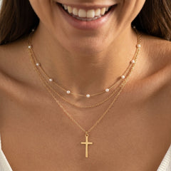 2-Piece Dainty Layered Pearl & Cross Necklace Stack