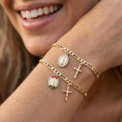 18K Virgin Mary & Cross Figaro Bracelet