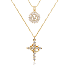 2-Piece 14K Diamond Cross Crown & Initial Necklace Set