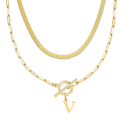 2-Piece Paperclip Initial Toggle Clasp & Herringbone Necklace Set