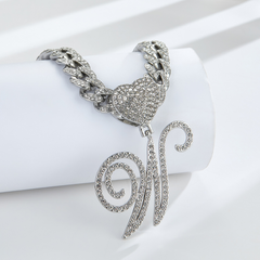 Cursive Diamond Accented Initial Cuban Heart Necklace