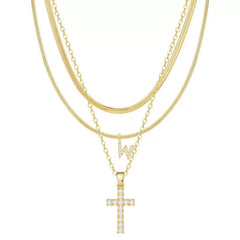 3-Piece 14K Diamond Accented Initial & Cross Necklace Set