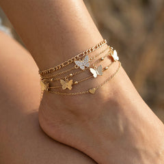 4-Piece Butterfly & Heart Anklet Stack