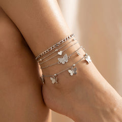 4-Piece Butterfly & Heart Anklet Stack