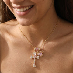 18K CZ Accented Cross & Heart Necklace