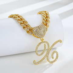 Cursive Diamond Accented Initial Cuban Heart Necklace