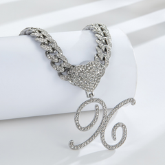 Cursive Diamond Accented Initial Cuban Heart Necklace