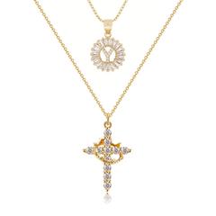 2-Piece 14K Diamond Cross Crown & Initial Necklace Set