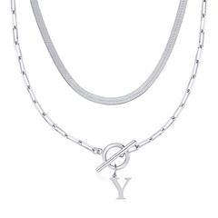 2-Piece Paperclip Initial Toggle Clasp & Herringbone Necklace Set