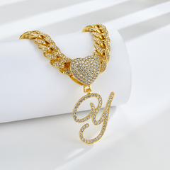 Cursive Diamond Accented Initial Cuban Heart Necklace