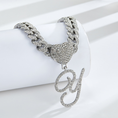 Cursive Diamond Accented Initial Cuban Heart Necklace