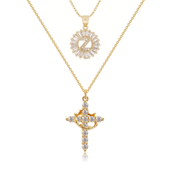 2-Piece 14K Diamond Cross Crown & Initial Necklace Set