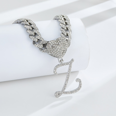 Cursive Diamond Accented Initial Cuban Heart Necklace