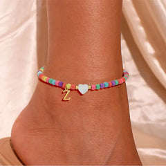 Colorful Pearl Heart Initial Anklet