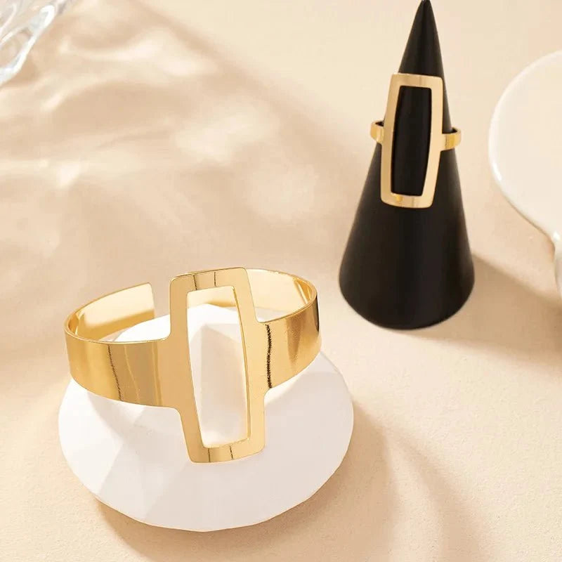 Adjustable Geometric Rectangle Bracelet and Ring Set - Veinci