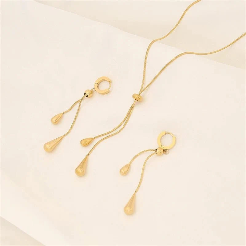 Adjustable Pull Droplet Lariat Necklace and Earrings - Veinci