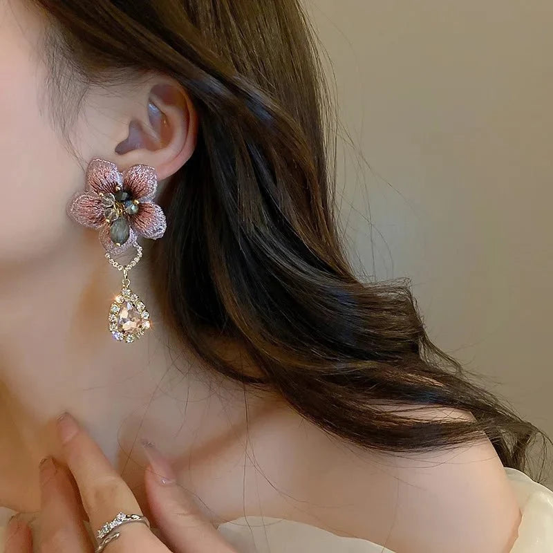 Asymmetrical Oriental Hibiscus Crystal Earrings - Veinci