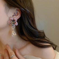 Asymmetrical Oriental Hibiscus Crystal Earrings - Veinci