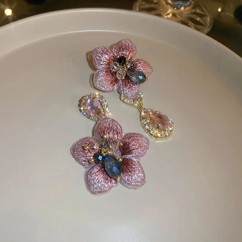 Asymmetrical Oriental Hibiscus Crystal Earrings - Veinci
