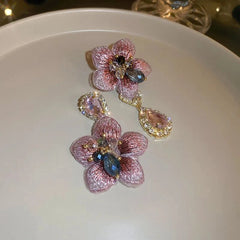 Asymmetrical Oriental Hibiscus Crystal Earrings - Veinci