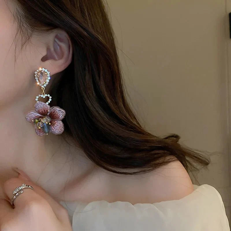 Asymmetrical Oriental Hibiscus Crystal Earrings - Veinci