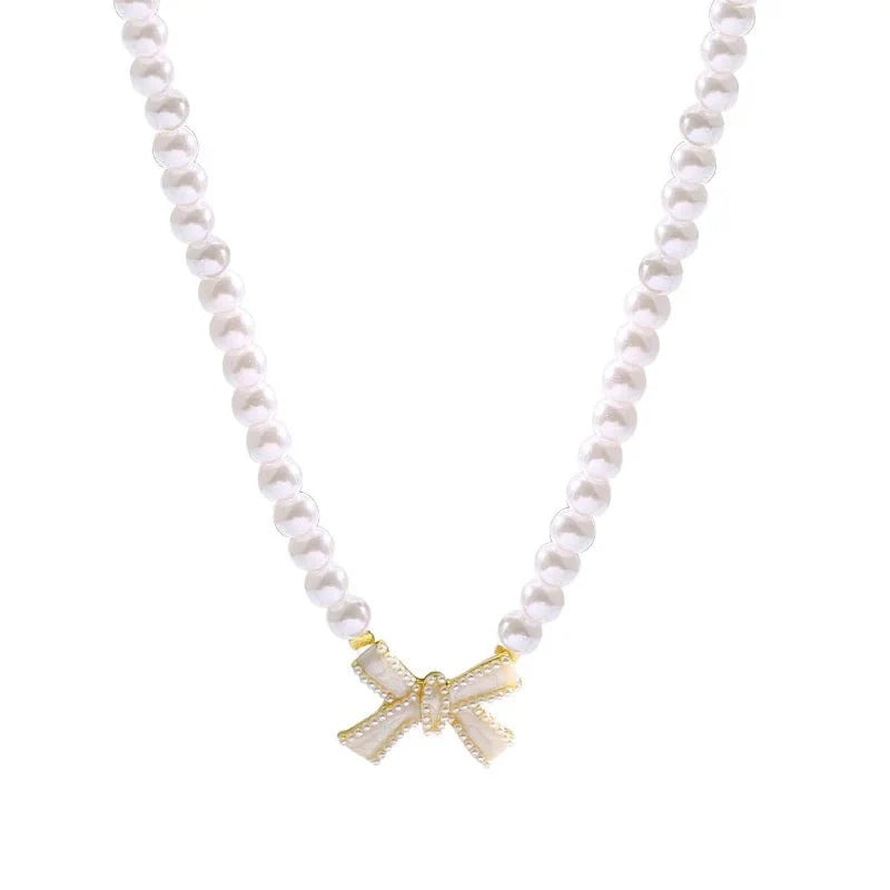 Beaded Pearl Bow Necklace - Veinci