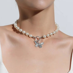 Beaded Pearl Butterfly Pendant Choker Necklace - Veinci