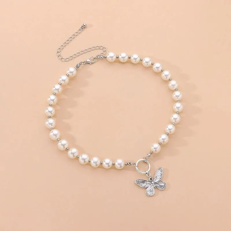 Beaded Pearl Butterfly Pendant Choker Necklace - Veinci