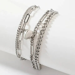 Couples Magnetic Heart Cuban & Paperclip Chain Bracelet Set - Veinci