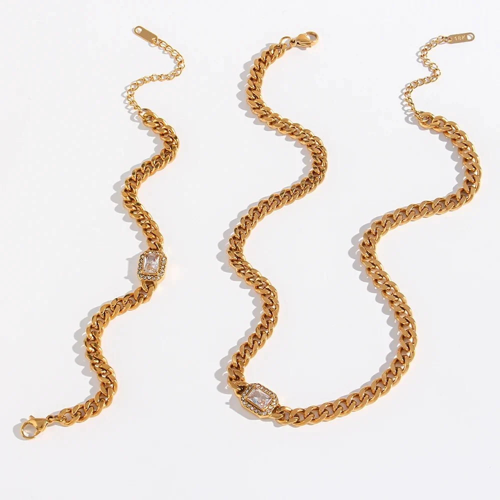 Cuban Chain Square Cut Diamond Choker and Bracelet - Veinci