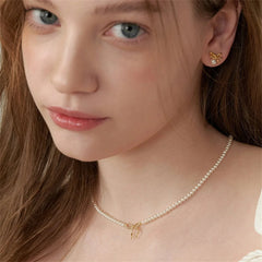 Dainty Beaded Pearl Bow Feminine Choker Necklace - Veinci