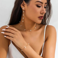 Dainty Chain Pearl Bracelet, Necklace, and Earring Set - Veinci