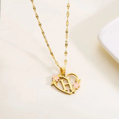 Dainty Floral Accented Heart Letter Initial Necklace - Veinci