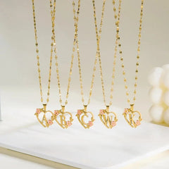 Dainty Floral Accented Heart Letter Initial Necklace - Veinci