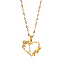 Dainty Floral Heart Letter Initial Necklace - Veinci