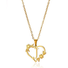 Dainty Floral Heart Letter Initial Necklace - Veinci
